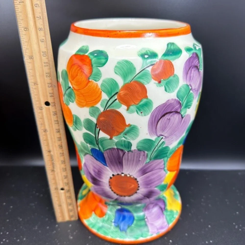 Vintage Czechoslovakia Hand Painted Floral Ceramic Vase Vessel Multi Color 1930s